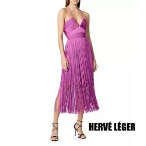 Herve Leger Magenta Fringe Midi Dress